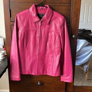 Brand New Leather jacket with zipper front. never worn. Bright pink or magenta